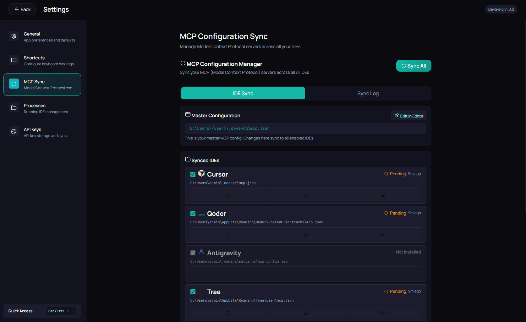 Master MCP Config → All IDEs screenshot